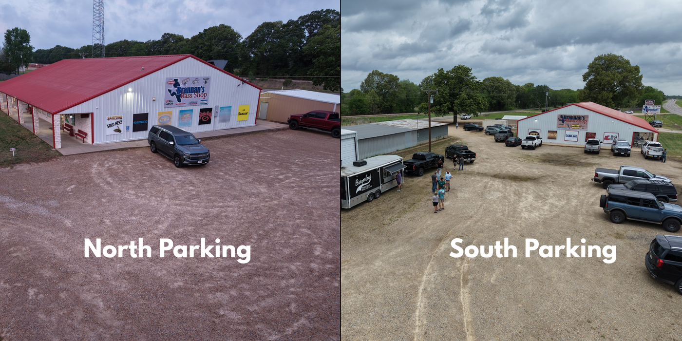 Picture displaying the north and south parking lot of the Brannans Bass Shop in Powderly Texas.