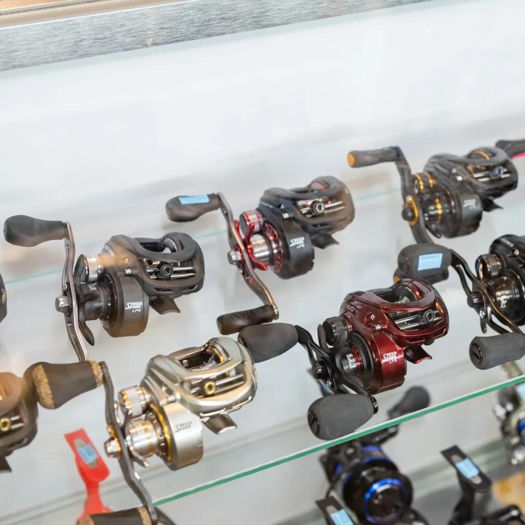 brannnas bass shop fishing reels on display in store