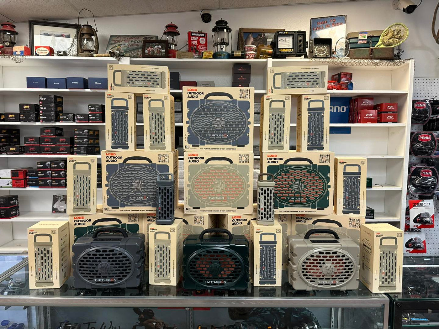 Turtle Box Speakers selection at Brannan's Bass shop. Get your Boom On. Rain or shine.