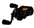 Fishing reel with black and orange design on a white background
