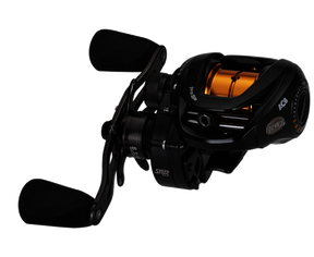 Fishing reel with black and orange design on a white background