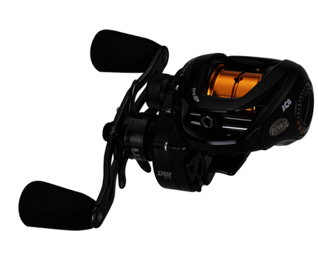 Fishing reel with black and orange design on a white background