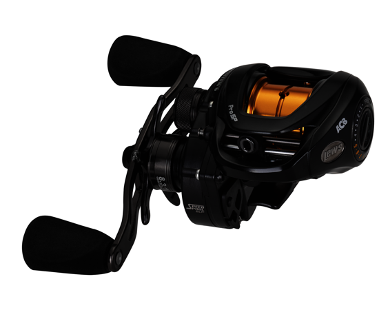 Fishing reel with black and orange design on a white background